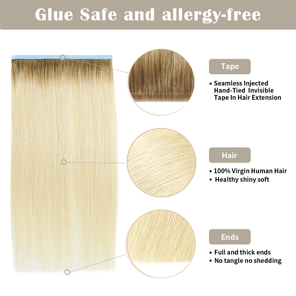 Details of Realmhair invisible tape-in extensions (#T8/60): seamless tape, virgin hair, thick ends
