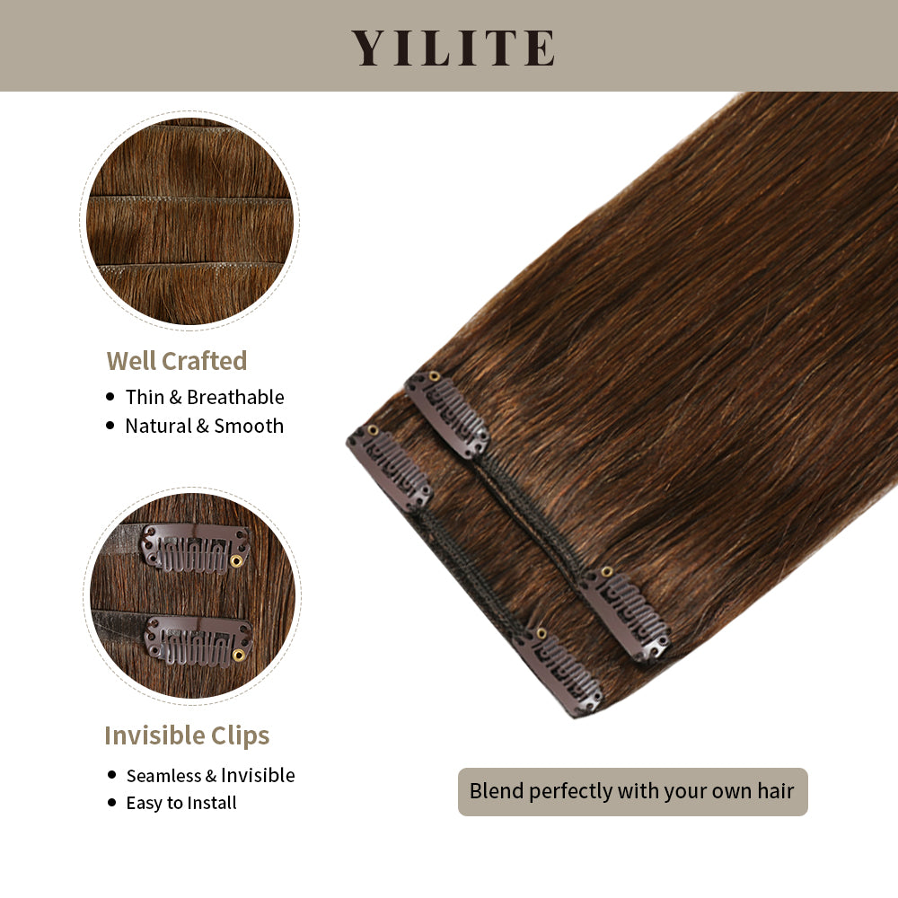 Clip-in hair pads (2 pieces) with front view thumbnail and close-up of clips (#4 Dark Brown)