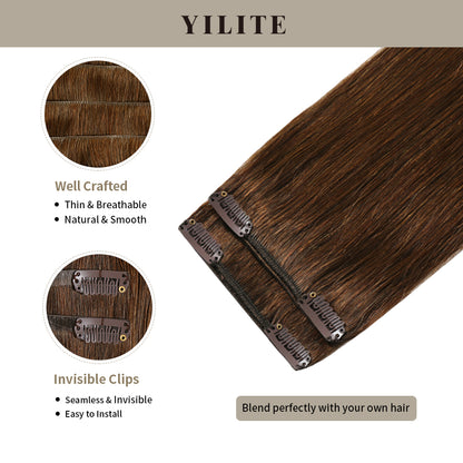 Clip-in hair pads (2 pieces) with front view thumbnail and close-up of clips (#4 Dark Brown)