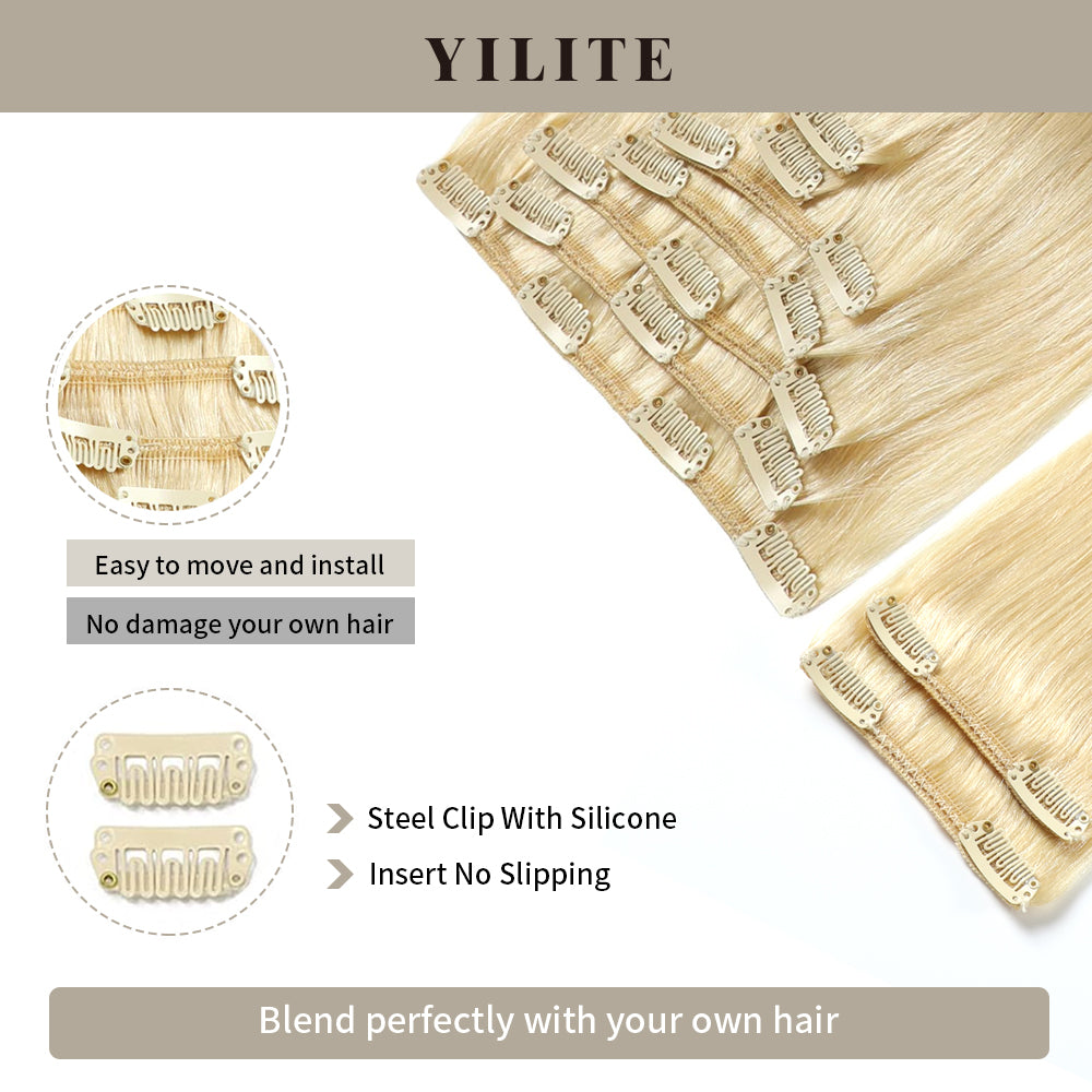 Close-up of seamless clips on clip-in human hair extensions 9Pcs 20 (#613 Bleach Blonde)