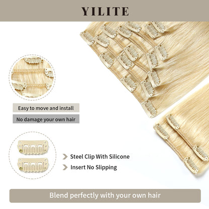 Close-up of seamless clips on clip-in human hair extensions 9Pcs 20 (#613 Bleach Blonde)