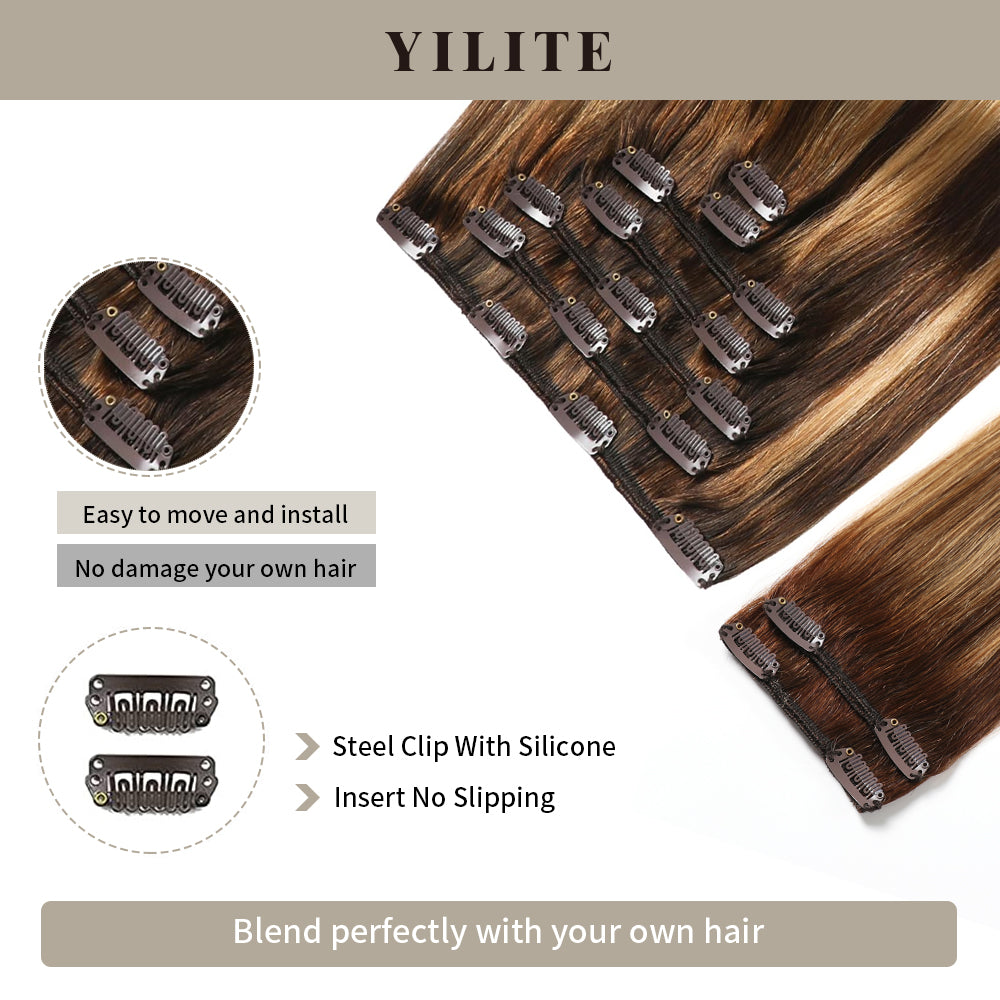 Close-up of seamless clips on clip-in human hair extensions 9Pcs 20 Clips (#P4/27/T4)
