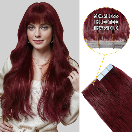 Model wearing seamless invisible tape in hair extensions 20Pcs (#99J)