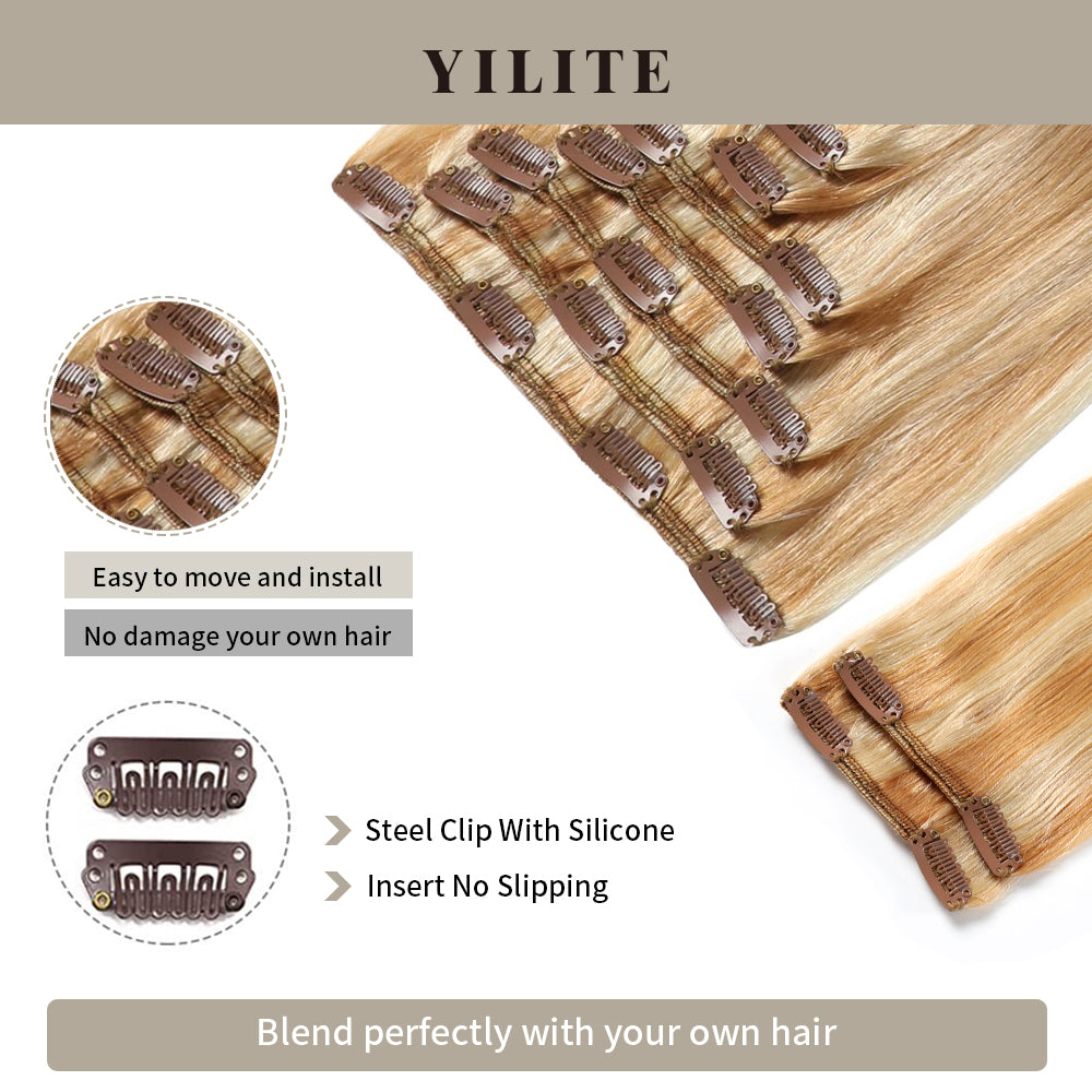 Close-up of seamless clips on clip-in human hair extensions (#P27/613)