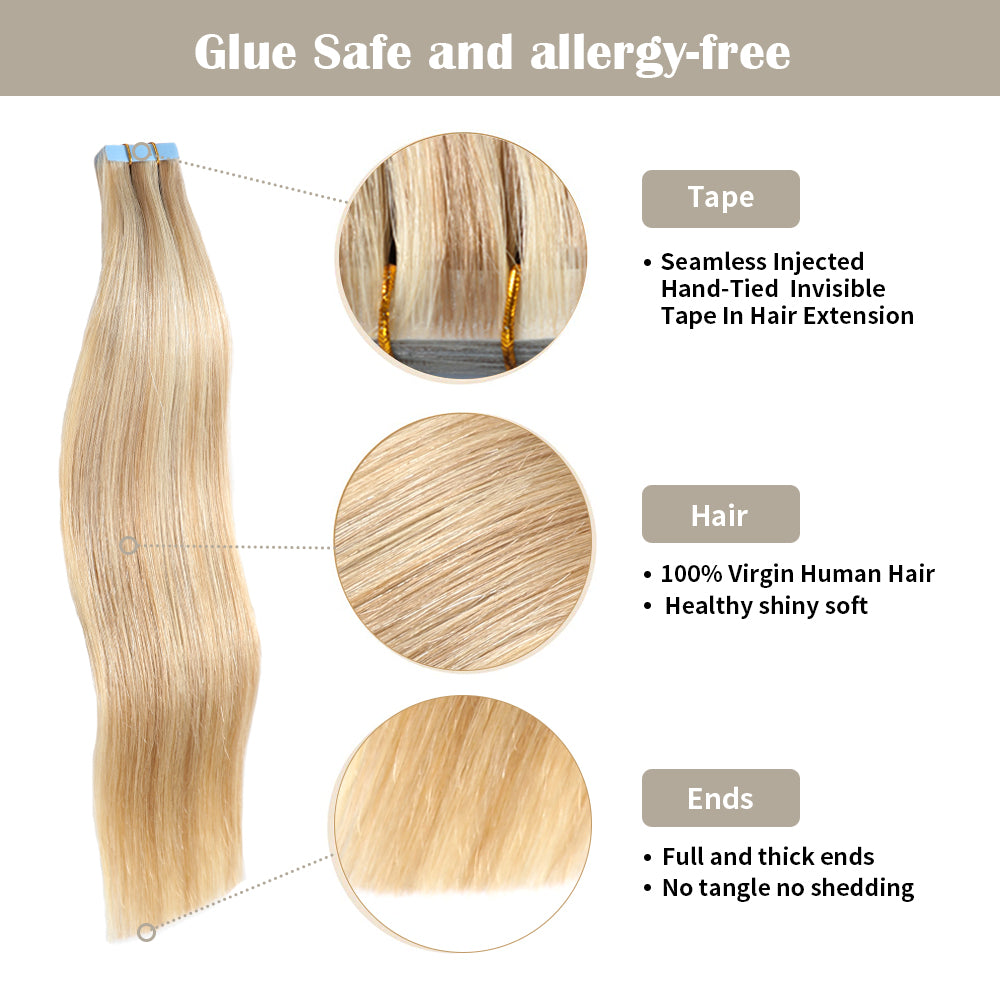 Realmhair invisible tape in hair extensions 20Pcs with safety tapes and full hair ends (P18/613)