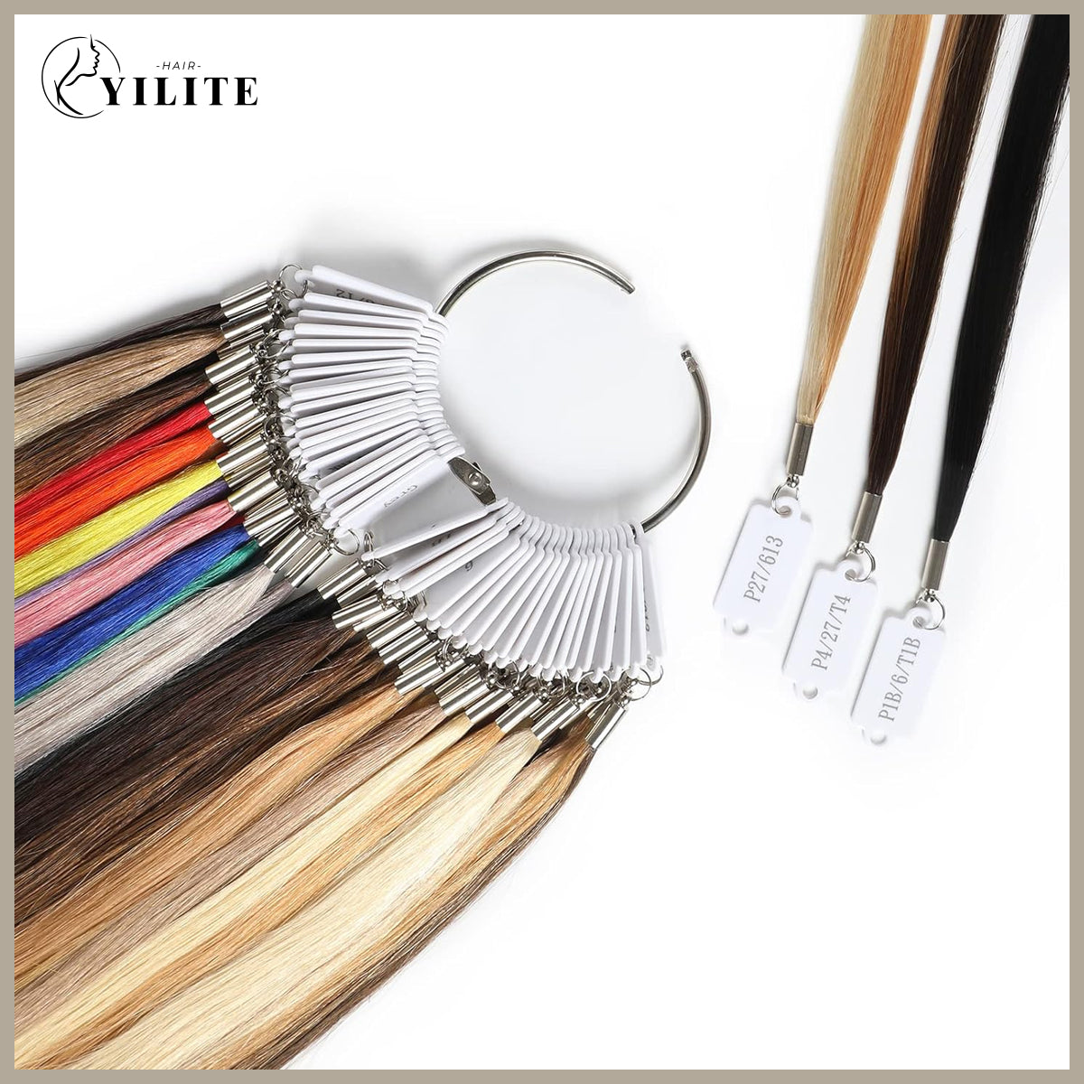 Realmhair color ring folded view with P27/613, P4/27/T4, and P1B/6/T1B hair extension color samples