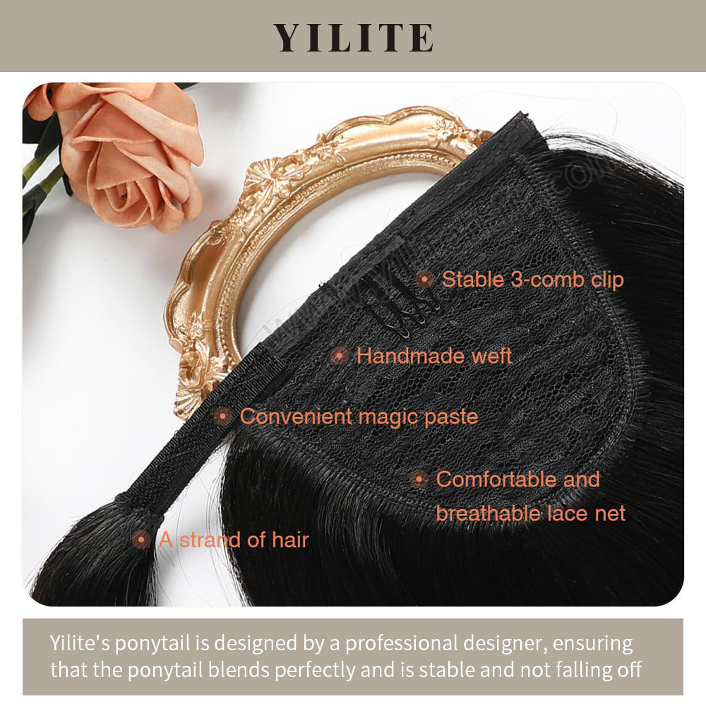 Close-up showing the details of the ponytail extension (#1B Natural Black)