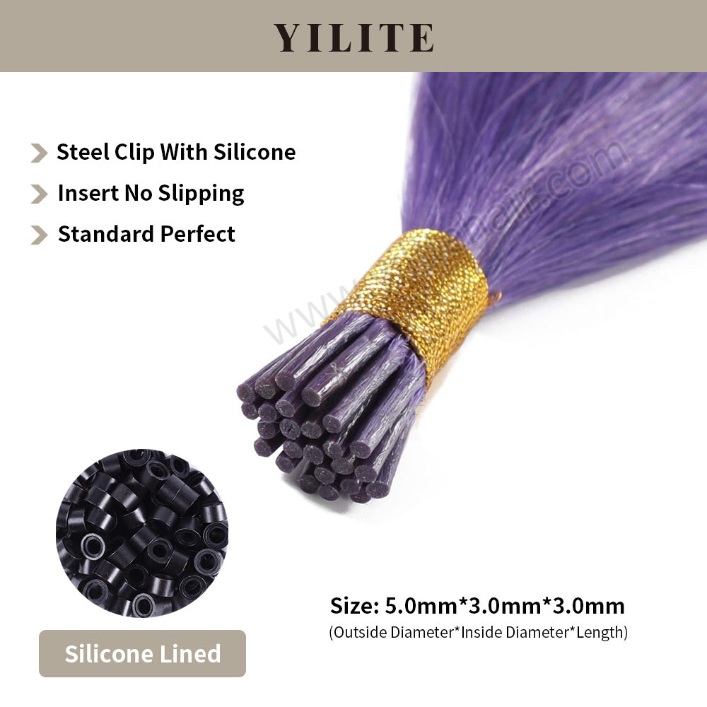 Rose Purple I Tip hair extensions shown with silicone-lined beads for illustration (5.0¡Á3.0¡Á3.0mm)