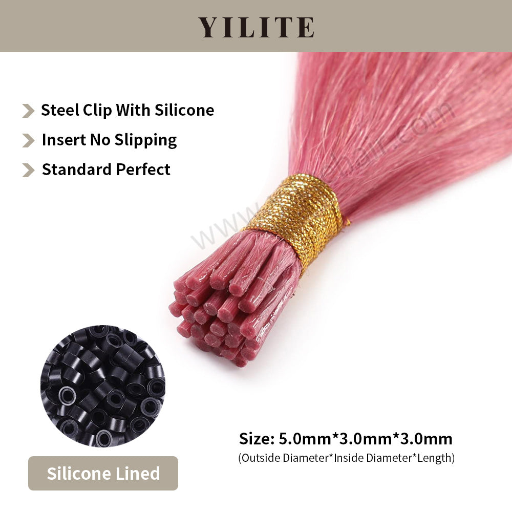 Hot pink I Tip hair extensions shown with silicone-lined beads for illustration (5.0¡Á3.0¡Á3.0mm)
