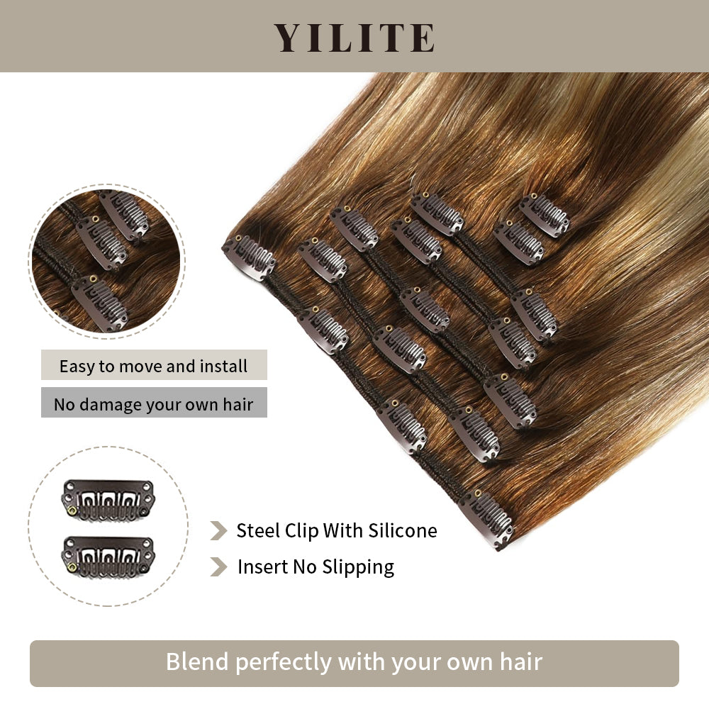Close-up of clips on ##P6/613/T4 clip-in human hair extensions for easy install and remove