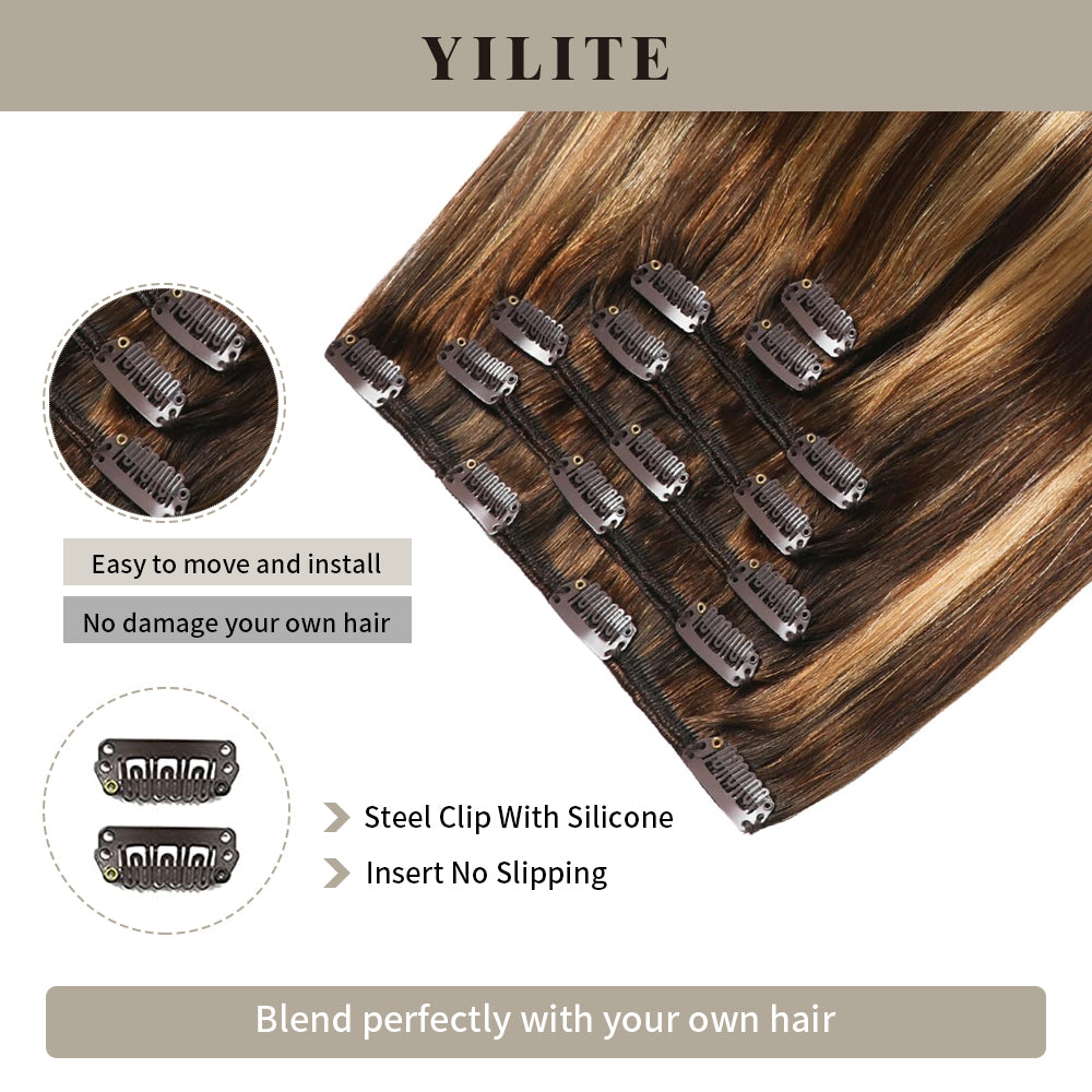 Close-up of seamless clips on clip-in human hair extensions(#P4/27/T4)