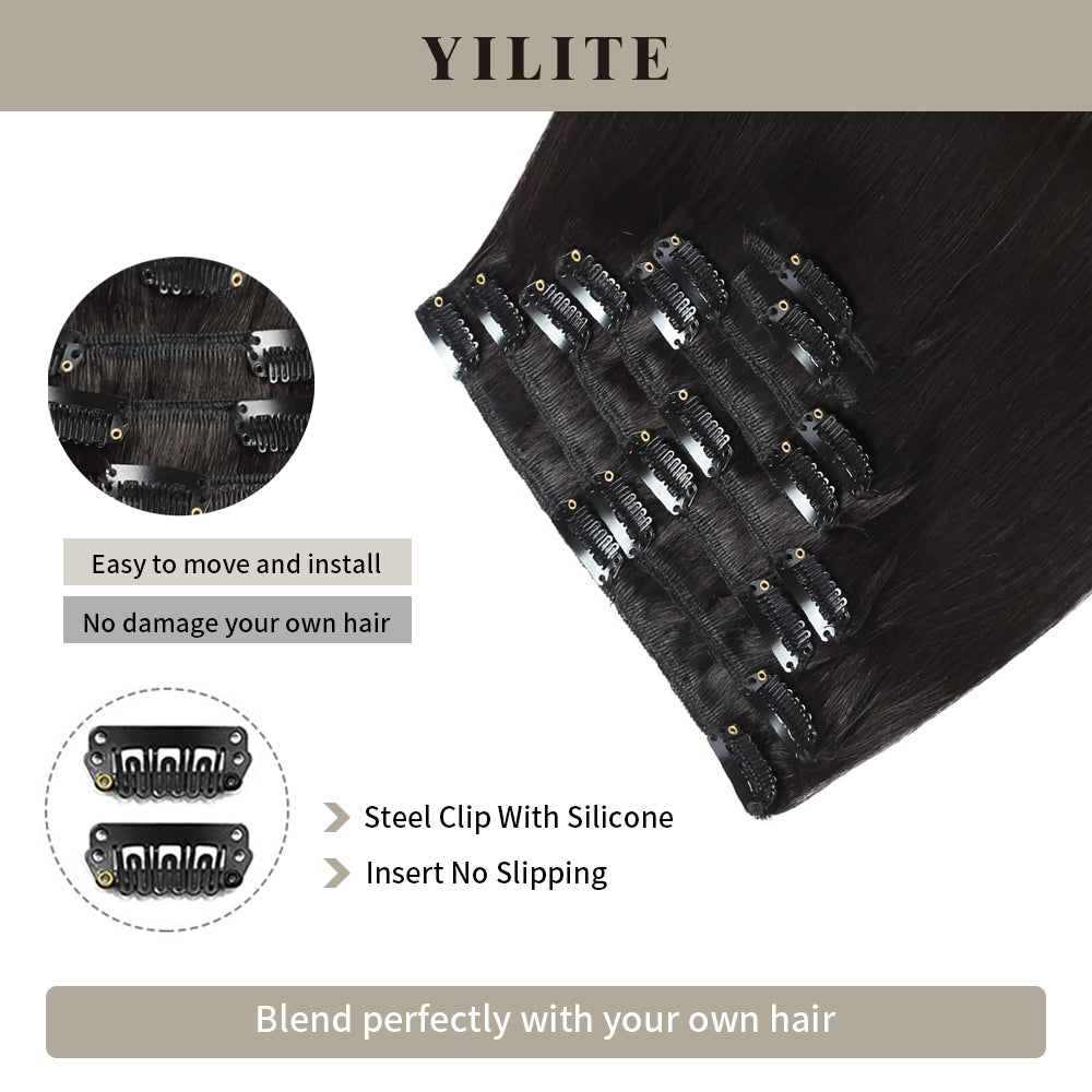 Close-up of seamless clips on 8Pcs 18 clips clip  in human hair extensions (#1B Natural Black)