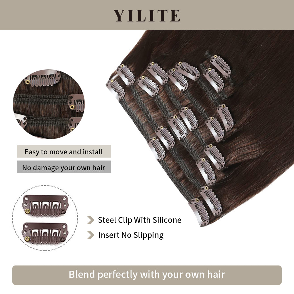 Close-up of seamless clips on 8Pcs 18 Clips clip in human hair extensions (#2 Darkest Brown)
