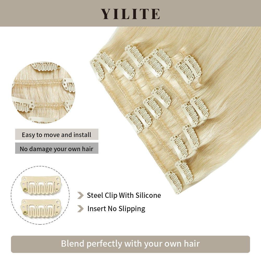 Close-up of clips on clip-in human hair extensions 8Pcs 18 clips (#60 Platinum Blonde)