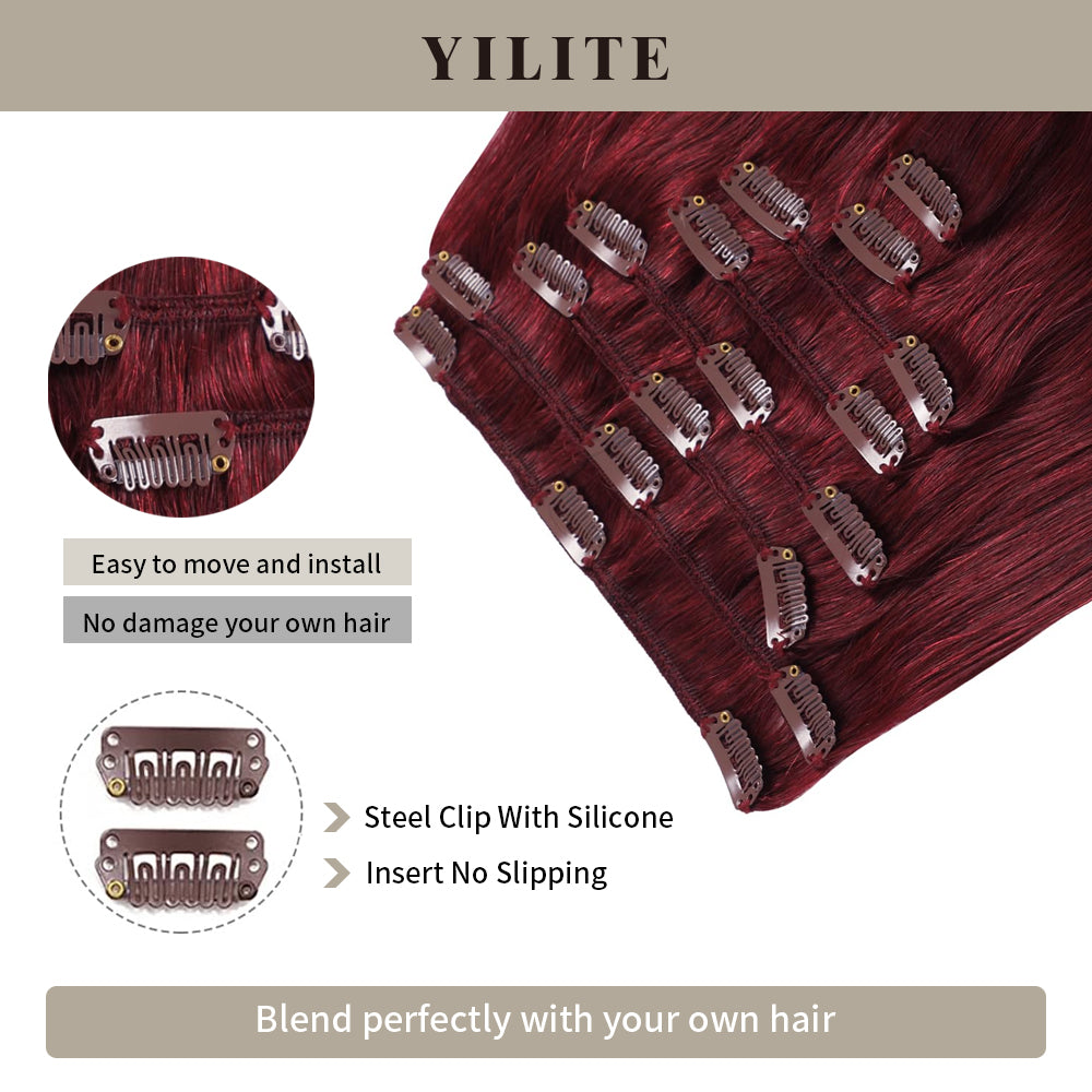 Close-up of seamless clips on clip-in human hair extensions (#99J Burgundy)
