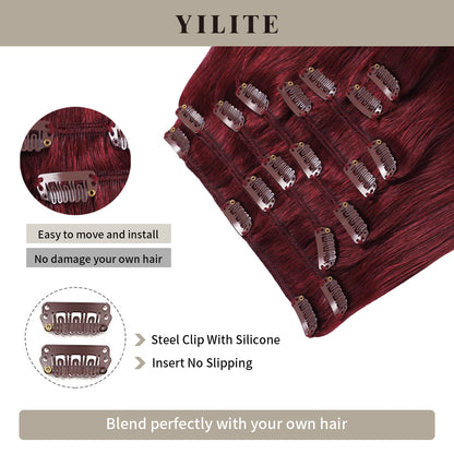 Close-up of seamless clips on clip-in human hair extensions (#99J Burgundy)