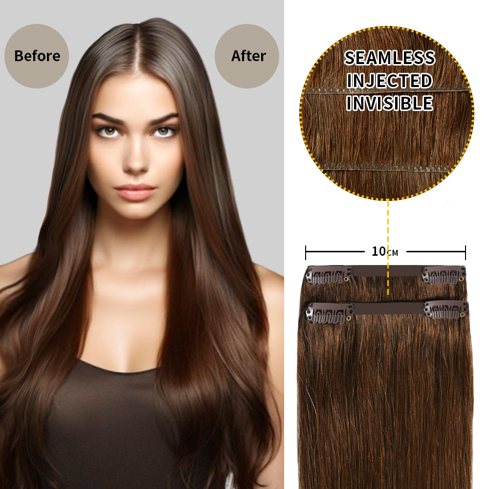 Before and after wearing Realmhair #4 Dark Brown seamless clip in hair pads, 10cm wide  