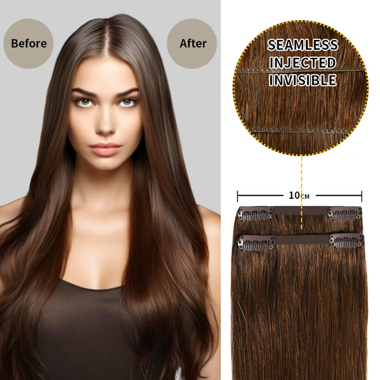 Before and after wearing Realmhair #4 Dark Brown seamless clip in hair pads, 10cm wide  
