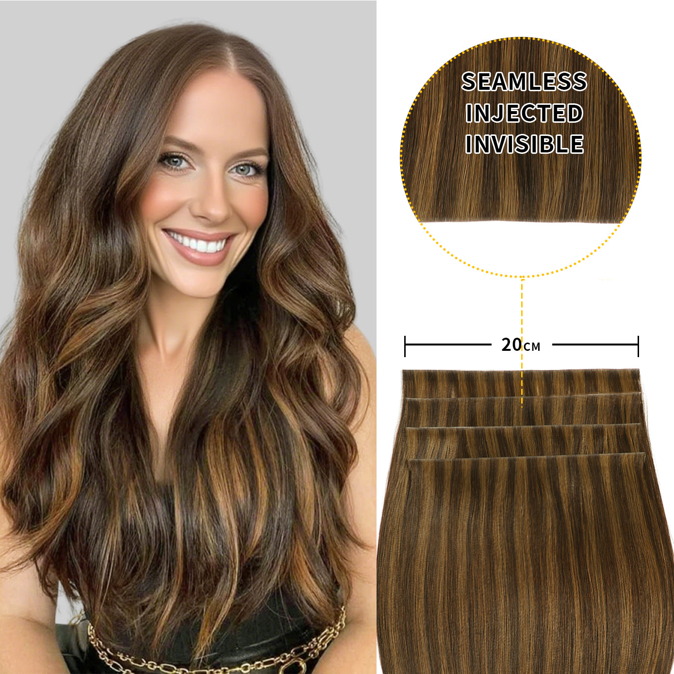 Model showcasing Realmhair 20*0.8cm long invisible tape in hair extension 4Pcs (#P2/6 )