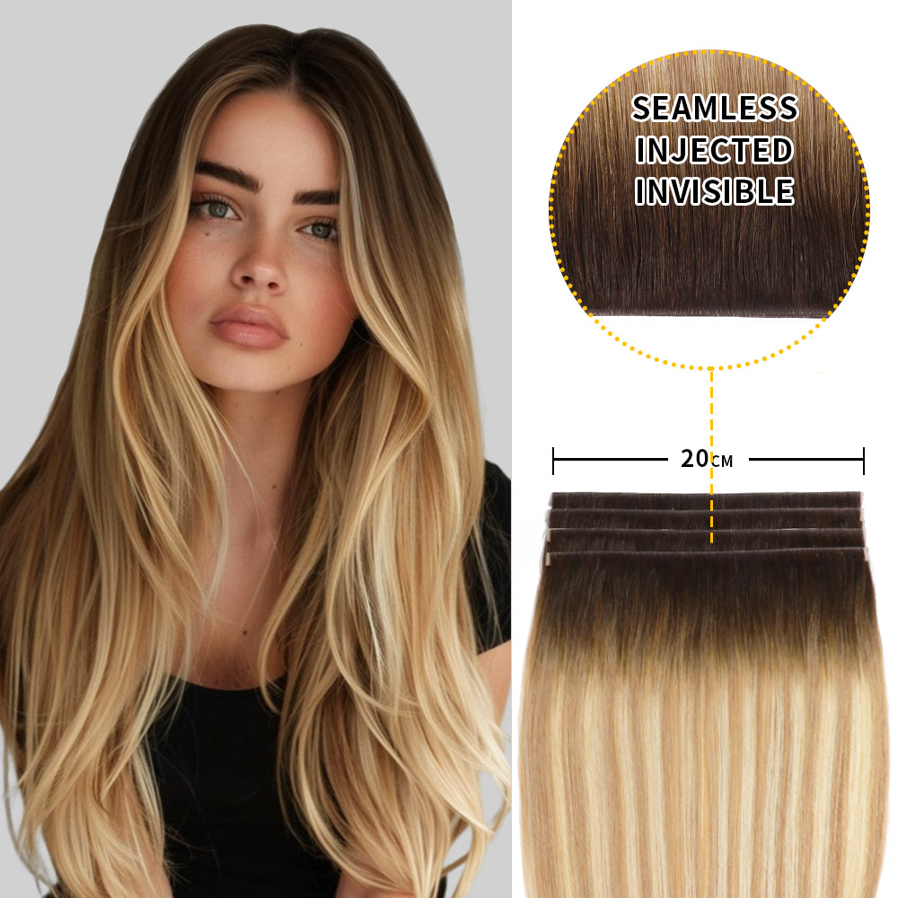 Model showcasing Realmhair 20*0.8cm long invisible tape in hair extension 4Pcs (#T2/P18/60)