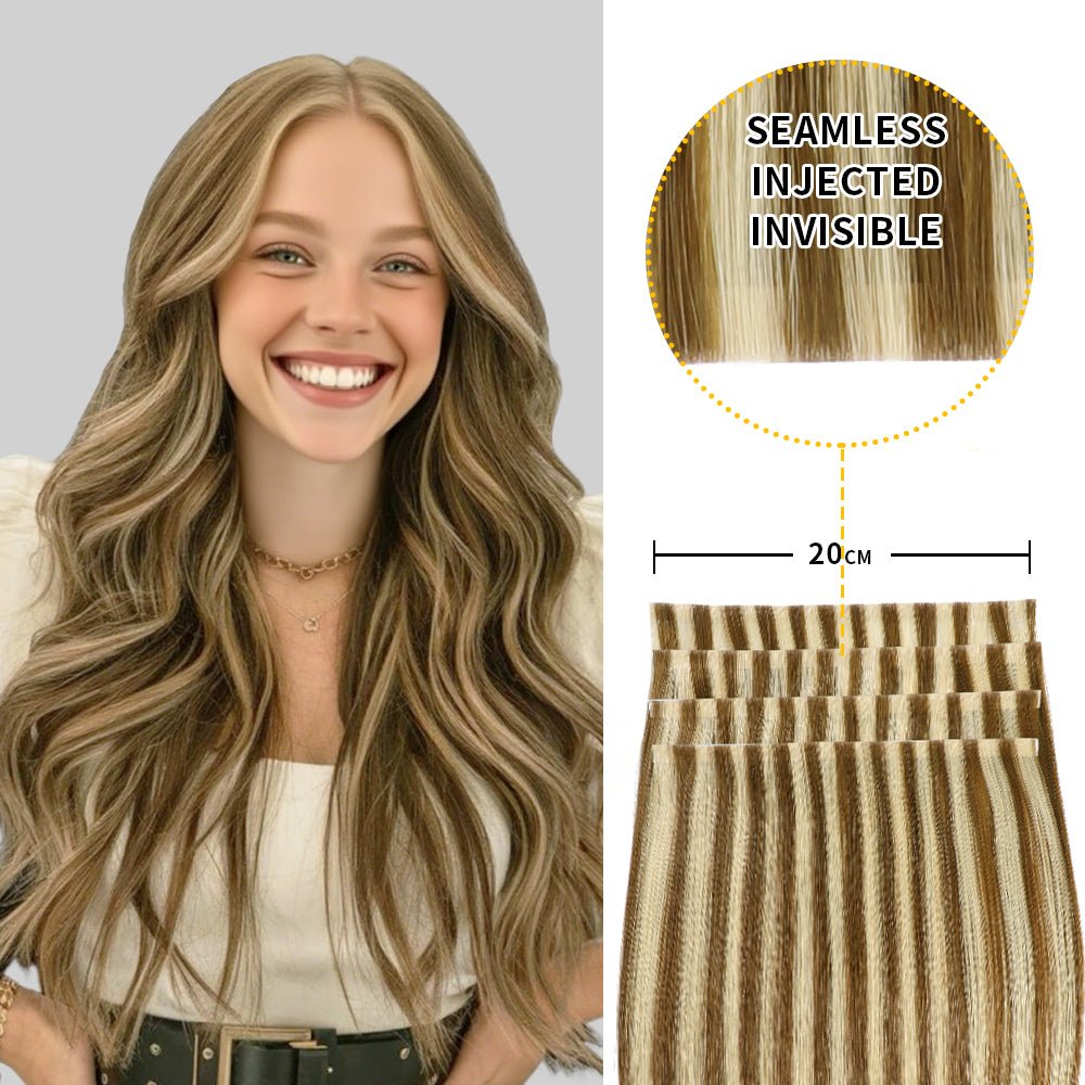 Model showcasing Realmhair 20*0.8cm long invisible tape in hair extension 4Pcs (#P6/613)