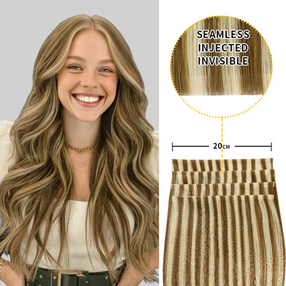 Model showcasing Realmhair 20*0.8cm long invisible tape in hair extension 4Pcs (#P6/613)