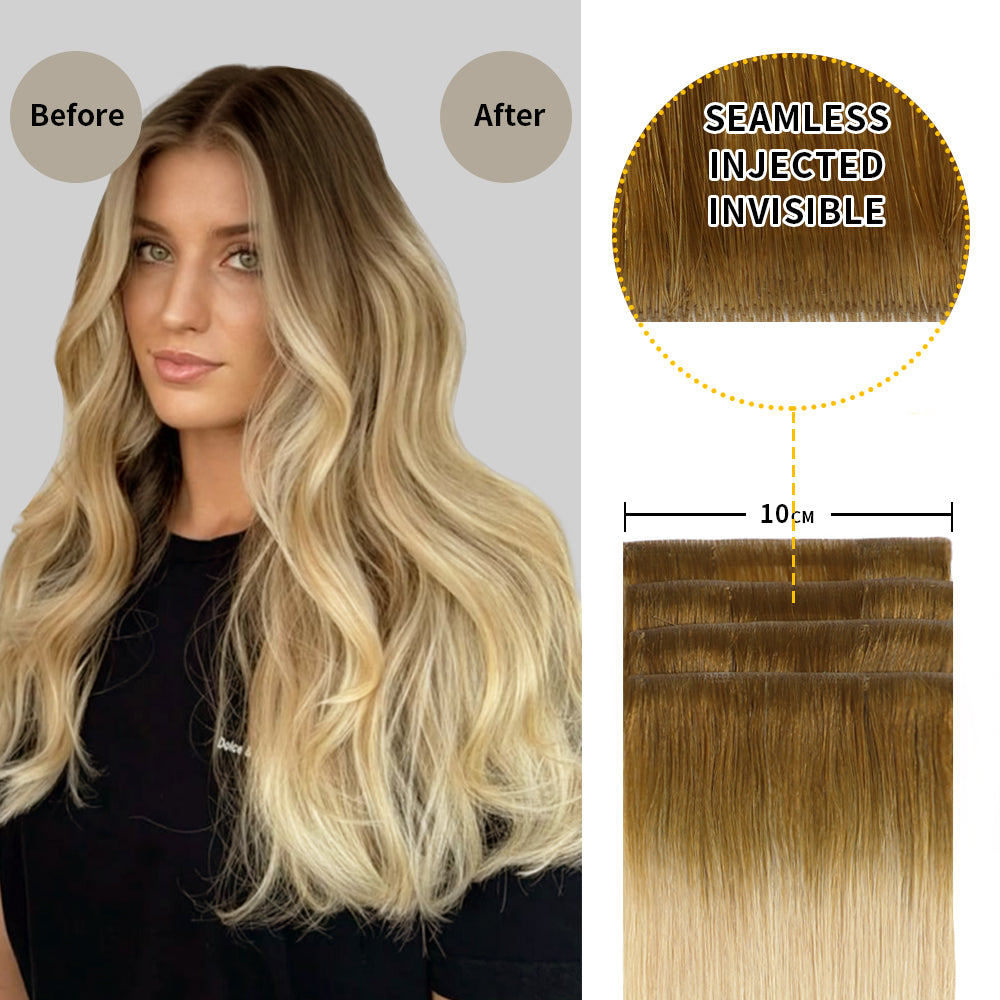 Before and after wearing Realmhair # T8/60 seamless clip in hair pads, 10cm wide piece 