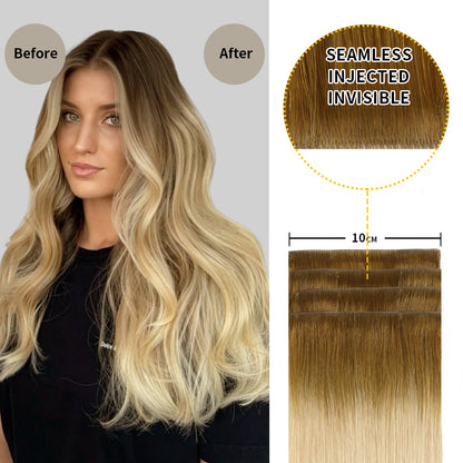 Before and after wearing Realmhair # T8/60 seamless clip in hair pads, 10cm wide piece 