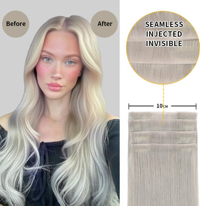 Before and after wearing Realmhair silver seamless clip in hair pads, 10cm wide piece 