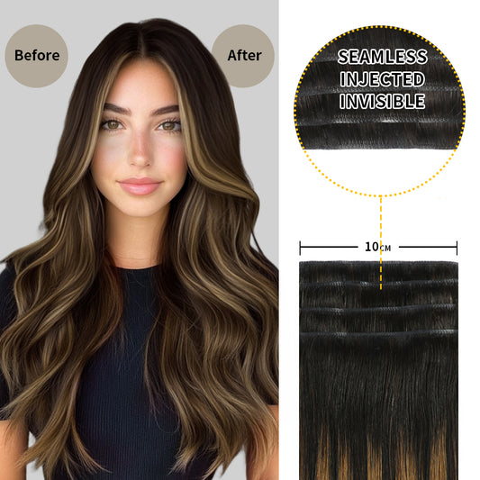 Before and after wearing Realmhair #P1B/6/T1B seamless clip in hair pads, 10cm wide piece