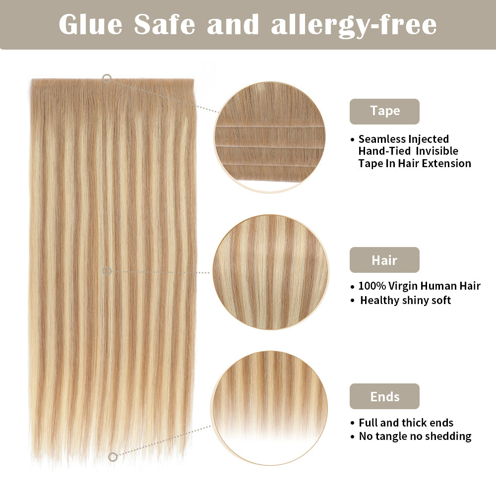 Details of Realmhair invisible tape-in extensions (#T18/18/613): seamless tape, virgin hair, full ends 
