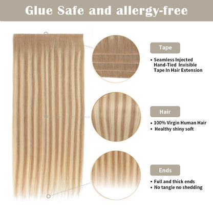 Details of Realmhair invisible tape-in extensions (#T18/18/613): seamless tape, virgin hair, full ends 