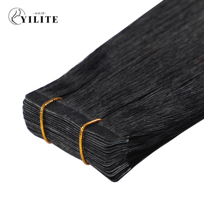 Close-up of narrow invisible mini tape in hair extension Remy human hair 24Pcs (#1 Jet Black)