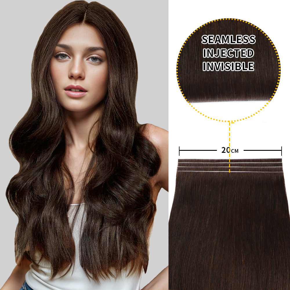 Model showcasing Realmhair 20*0.8cm long invisible tape in hair extension 4Pcs (#2 Darkest Brown )