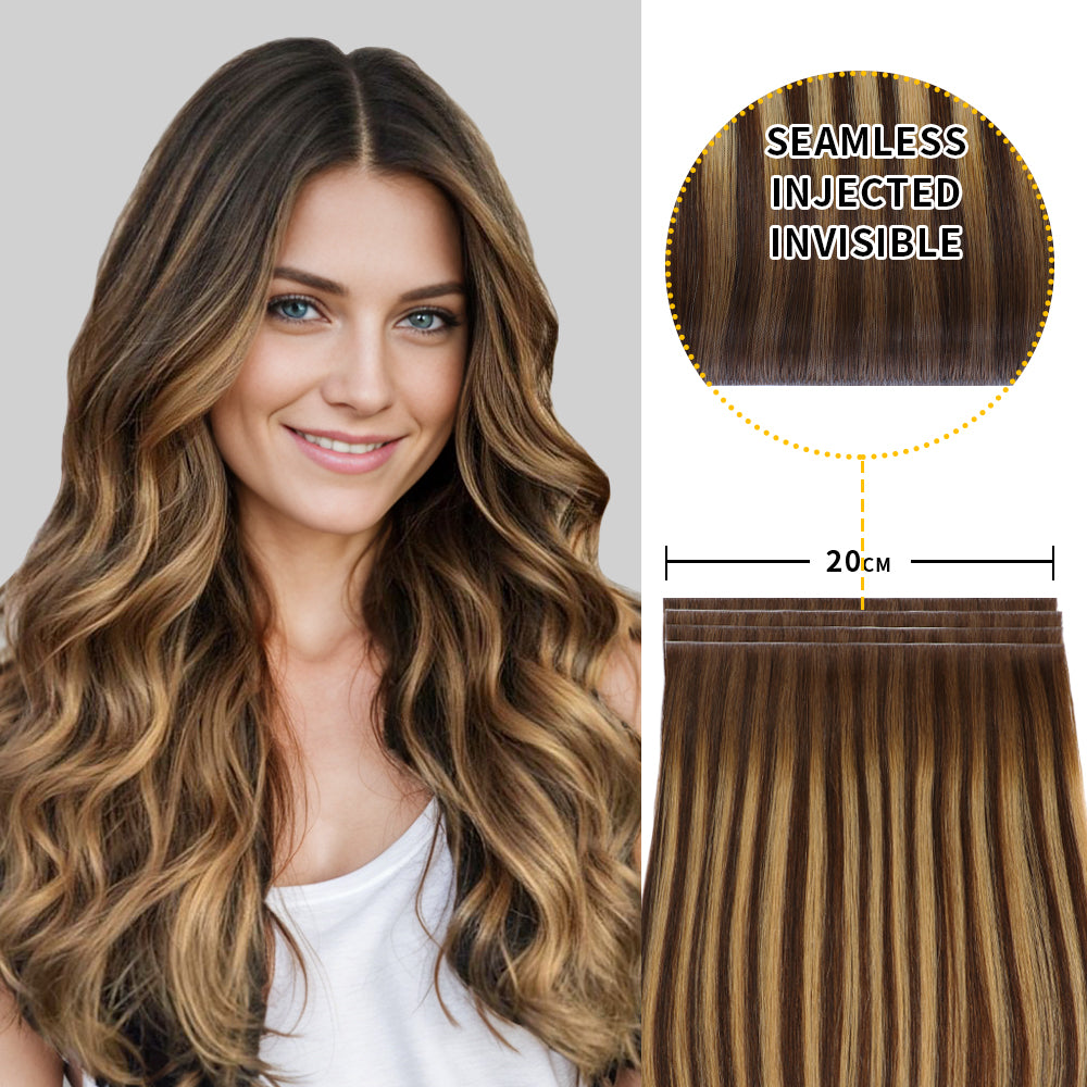 Model showcasing Realmhair 20*0.8cm long invisible tape in hair extension 4Pcs (#P4/27/T4)