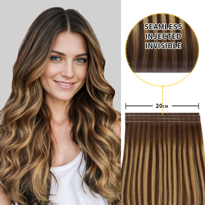 Model showcasing Realmhair 20*0.8cm long invisible tape in hair extension 4Pcs (#P4/27/T4)
