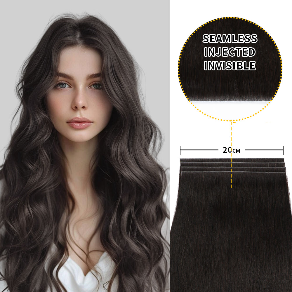 Model showcasing Realmhair 20*0.8cm long invisible tape in hair extension 4Pcs virgin human hair (#1B )