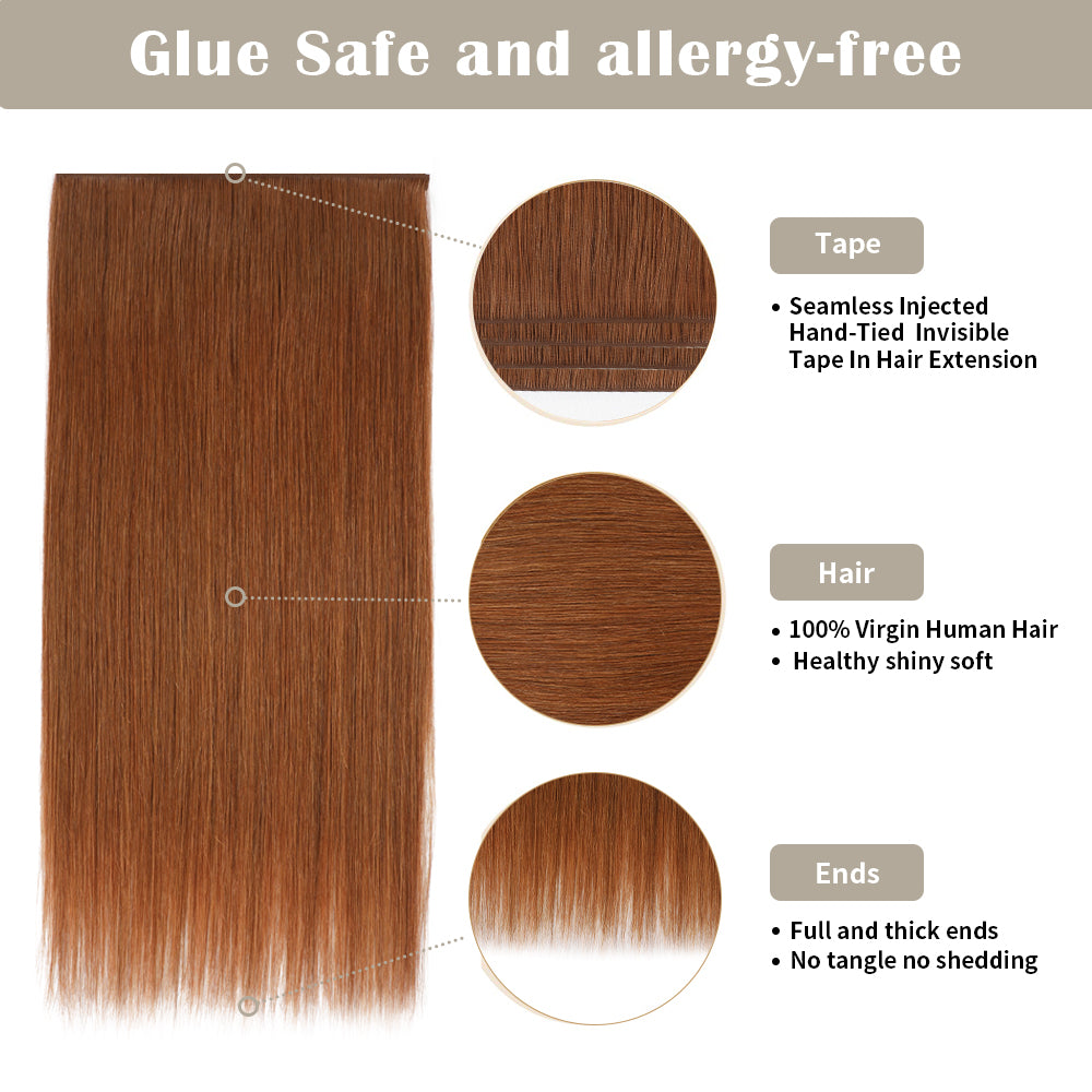 Details of Realmhair invisible tape-in extensions (#33): seamless tape, virgin hair, thick ends 