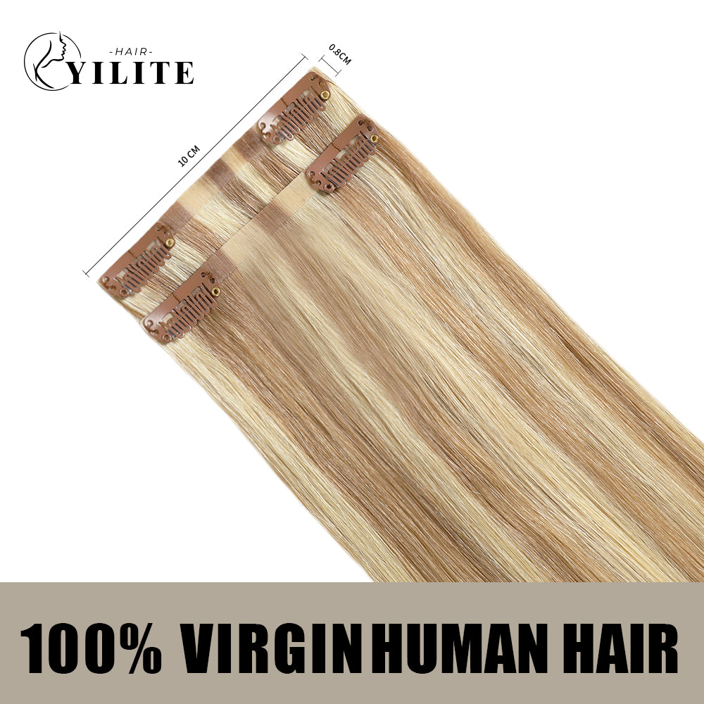 Back view of 2 clip-in hair pads with 2 clips each, 100% virgin human hair in color #P18/613