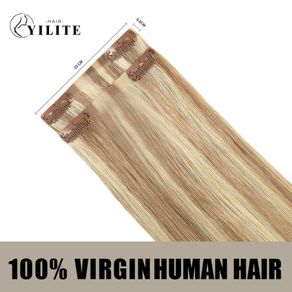 Back view of 2 clip-in hair pads with 2 clips each, 100% virgin human hair in color #P18/613