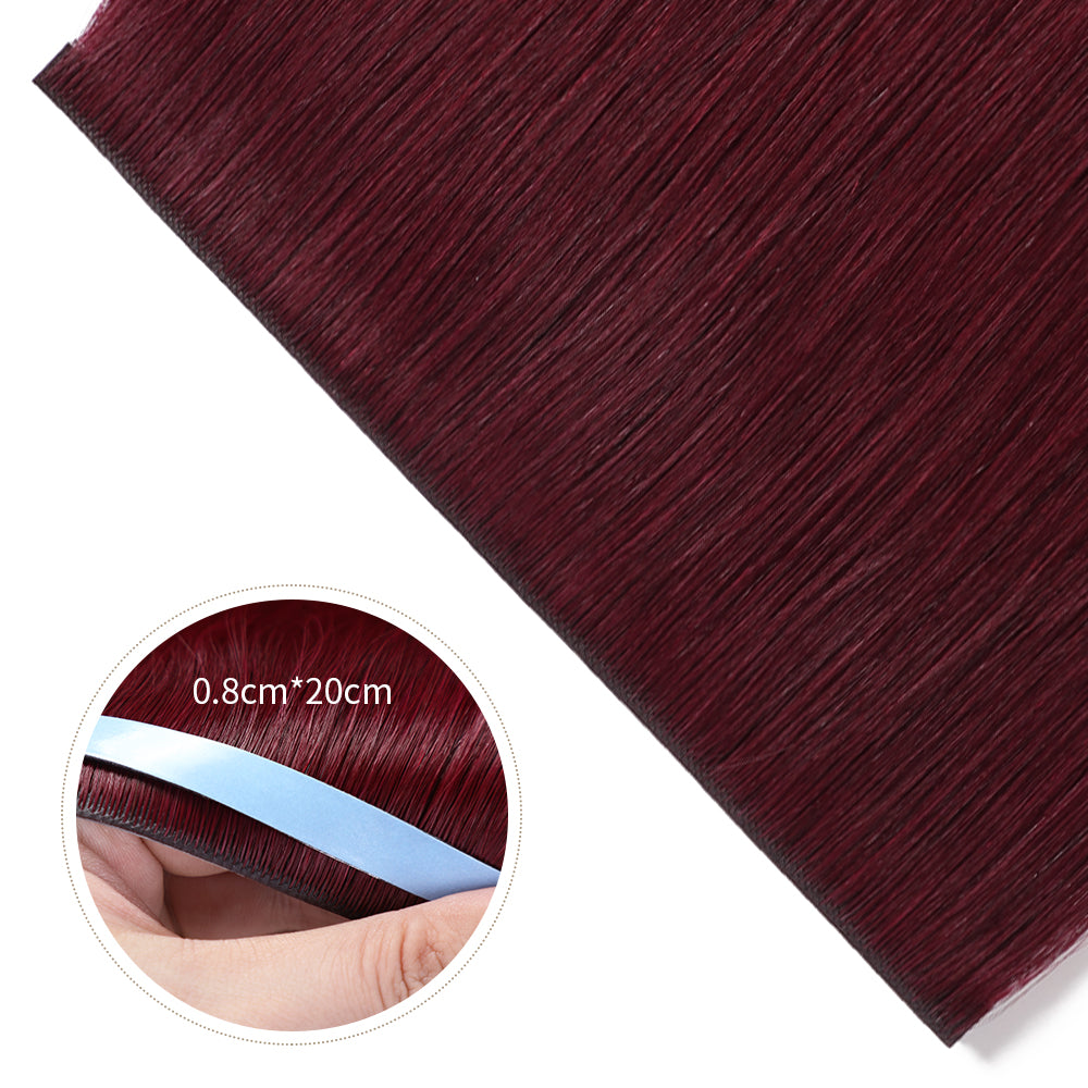 Close-up of Realmhair 20¡Á0.8cm invisible tape-in hair extensions in color #99J burgundy