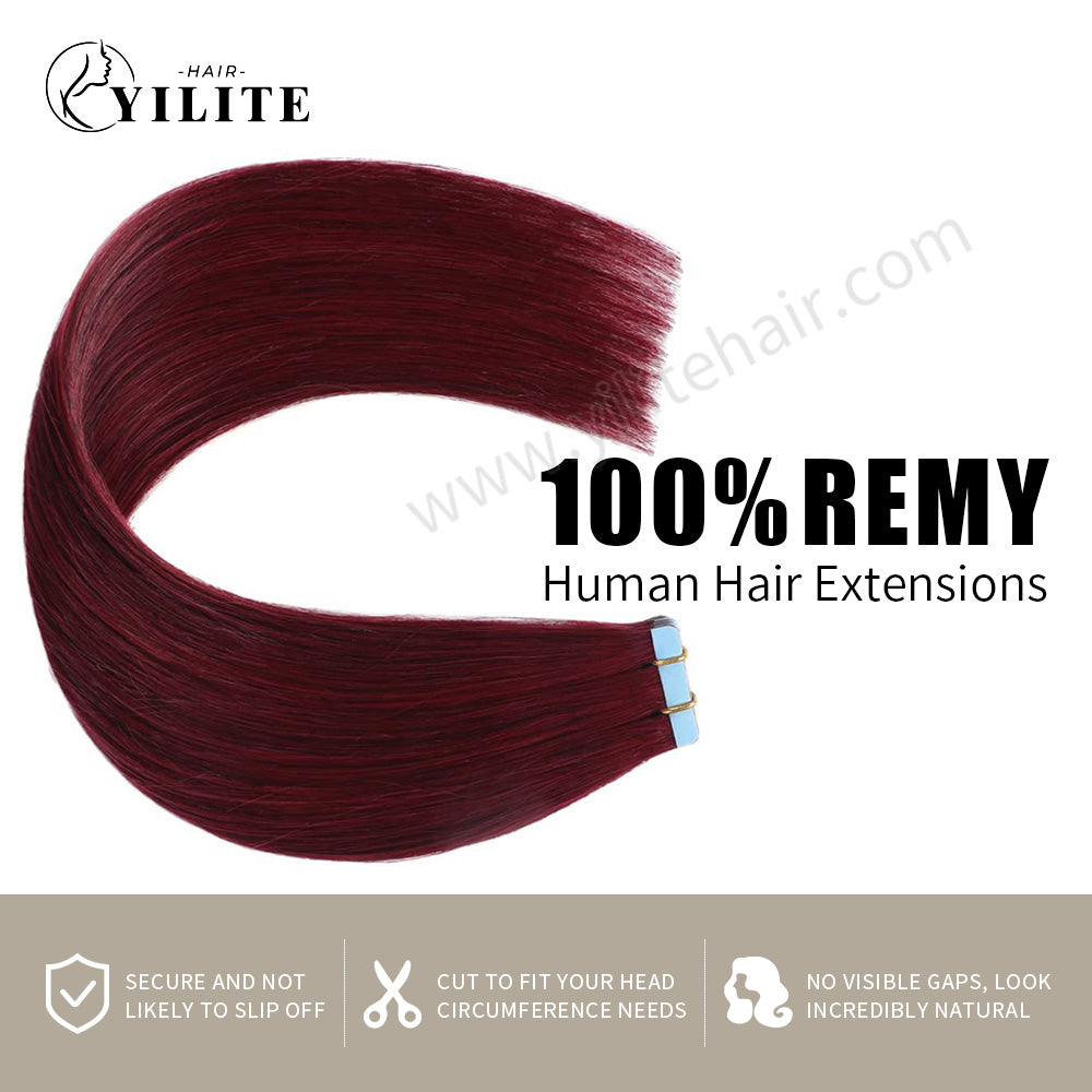 Realmhair Tape In Hair Extensions Tape Ins Invisible Natural Remy Human Hair (#99J Burgundy)-Realmhairhair
