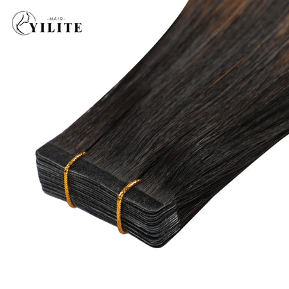 Close-up of narrow invisible mini tape in hair extension Remy human hair 24Pcs (#P1B/6/T1B)