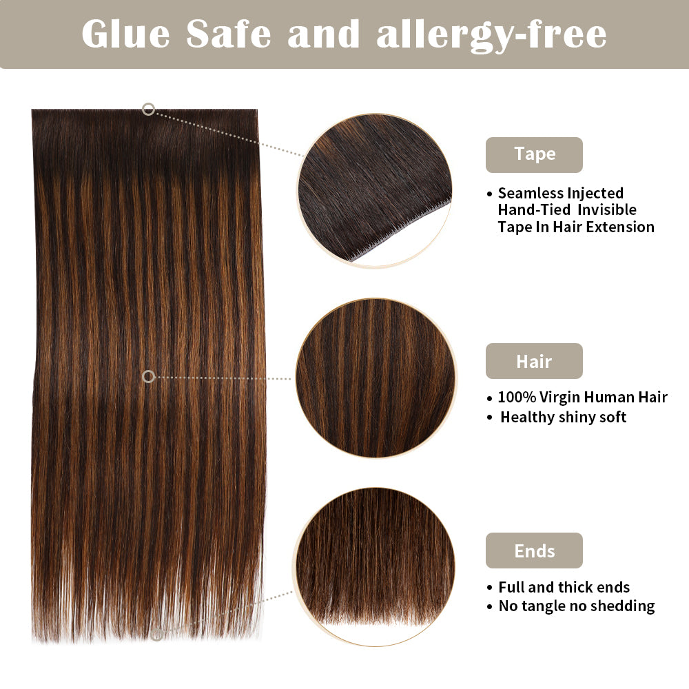 Details of Realmhair invisible tape-in extensions (#P2/6/T2): seamless tape, virgin hair, thick ends 