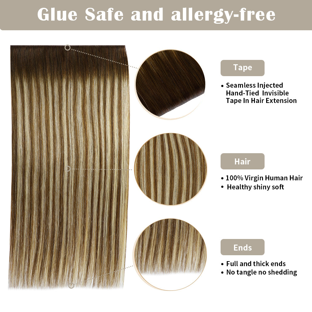 Details of Realmhair invisible tape-in extensions (#P6/613/T4): seamless tape, virgin hair, thick ends 