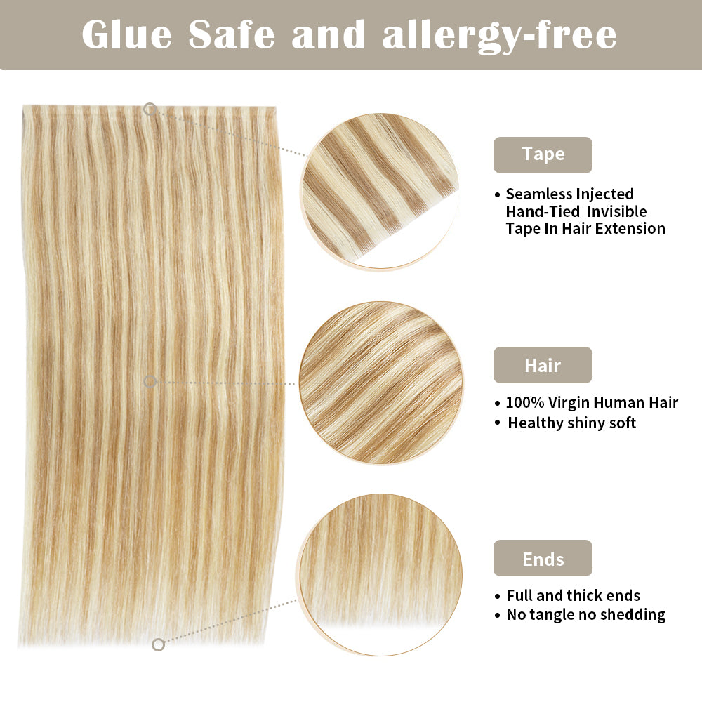 Details of Realmhair invisible tape-in extensions (#P18/613 ): seamless tape, virgin hair, thick ends