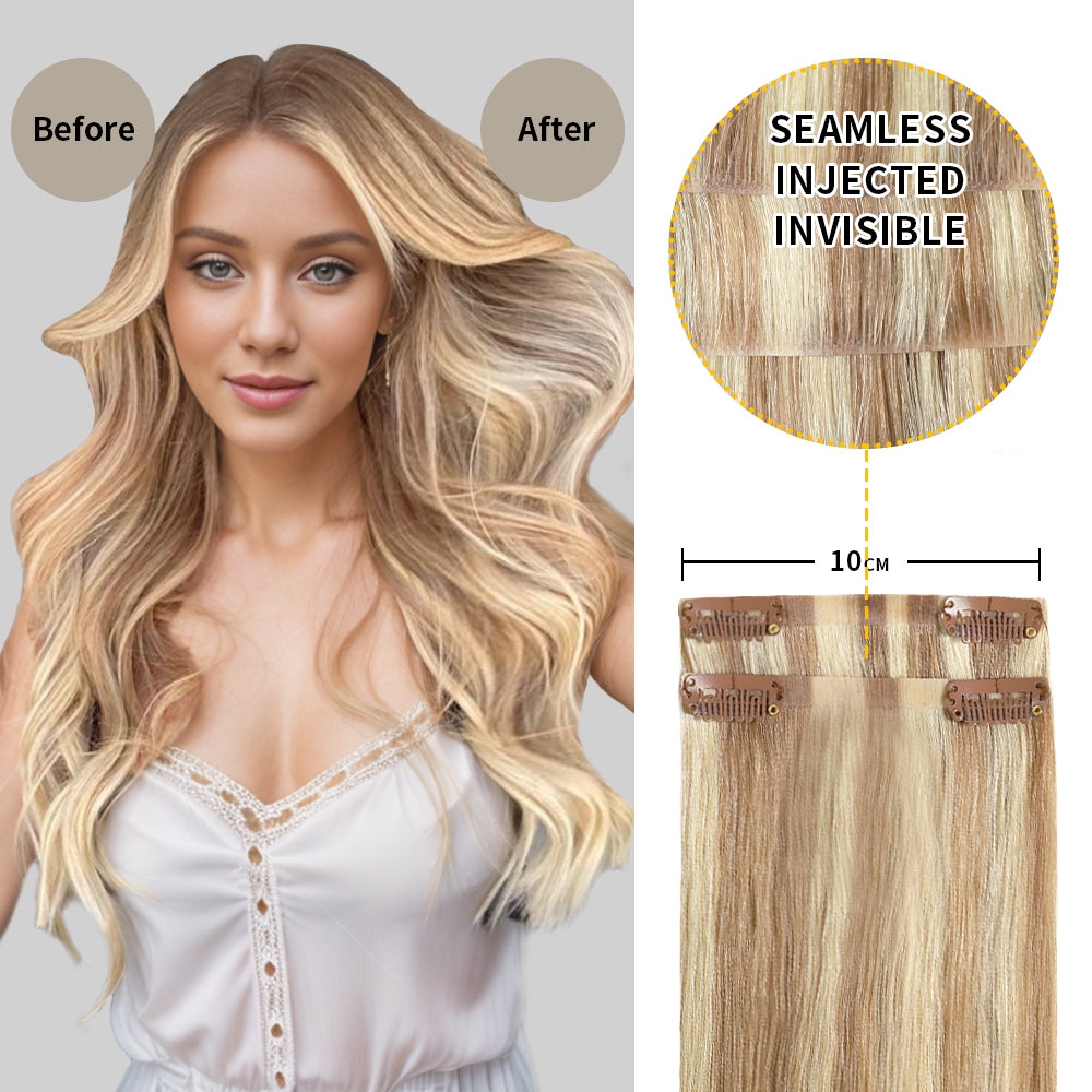 Before and after wearing Realmhair #P18/613 seamless clip in hair pads, 10cm wide piece 