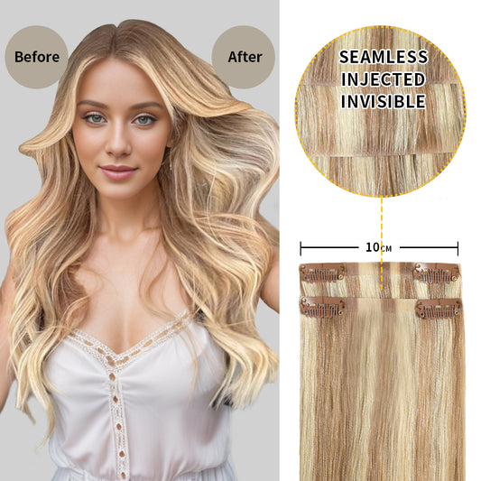 Before and after wearing Realmhair #P18/613 seamless clip in hair pads, 10cm wide piece 