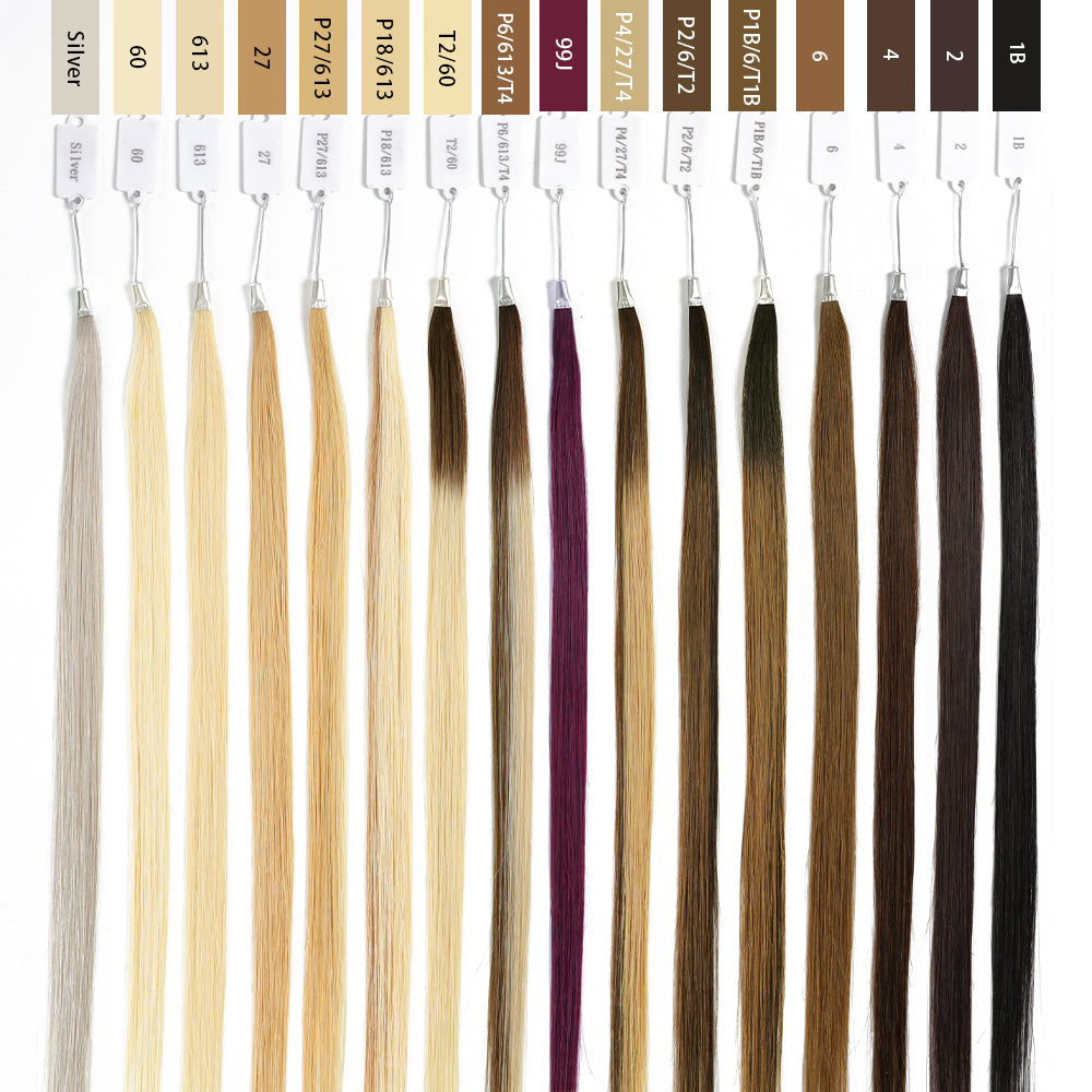 Realmhair virgin hair color ring with labeled shades, full view of 14-inch swatches