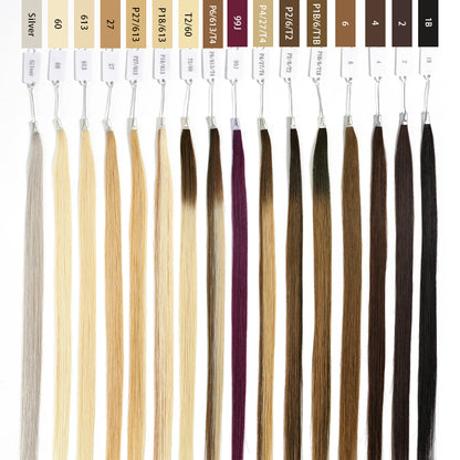 Realmhair virgin hair color ring with labeled shades, full view of 14-inch swatches